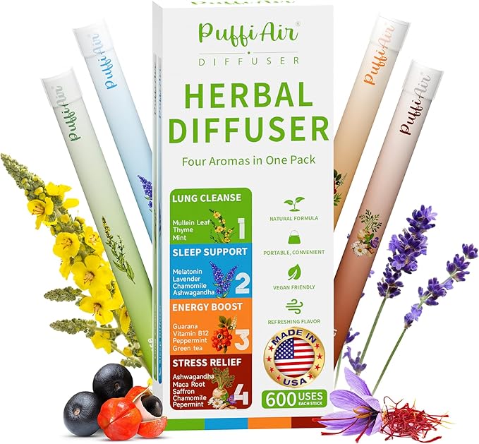 PUFFIAIR Herbal Diffuser Pen 4 Pack Clean Botanical Aromatherapy Diffusers Four Aroma Variety Set Cool Mint &amp Herbal Scents Smooth Daily Experience Up to 600 Uses Each