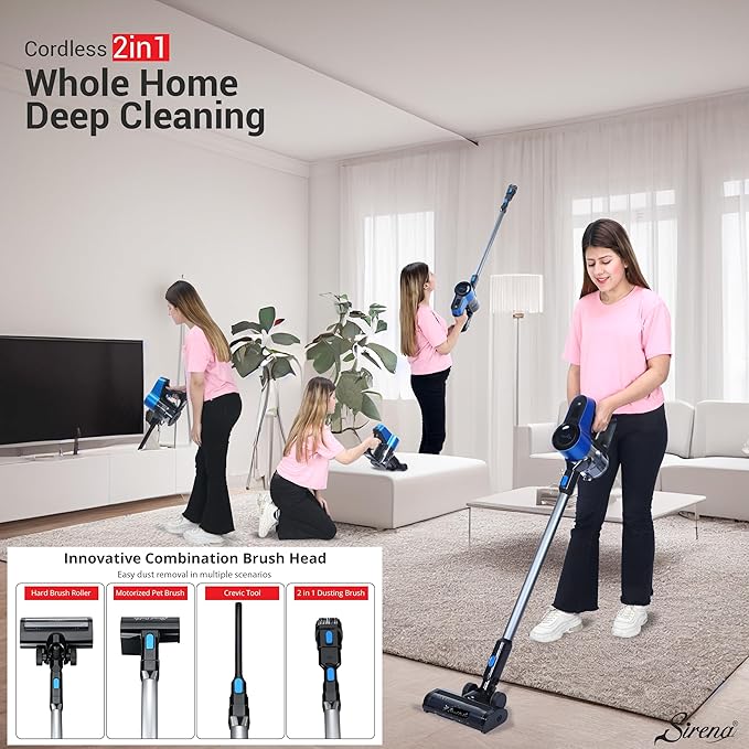 Sirena Proflex PetVac 2-in-1 Cordless Stick Vacuum Cleaner with Motorized Pet Brush for Pet Hair Removal Multi-Surface Cleaning and Portable Convenience