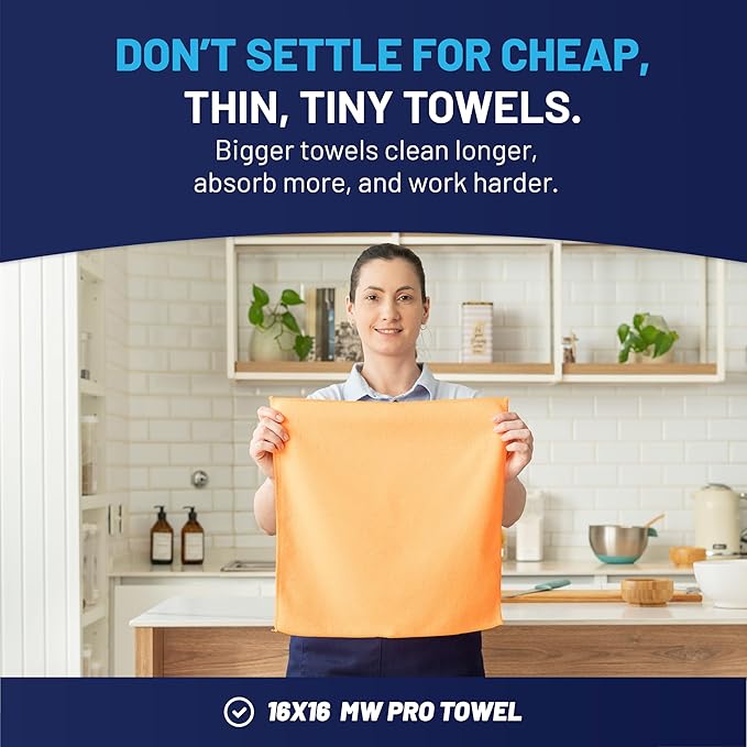MW Pro Microfiber Cleaning Cloth | Orange | 12 Pack | 16” x 16” | All Purpose Microfiber Towels - Clean Dust Polish Scrub Absorbent