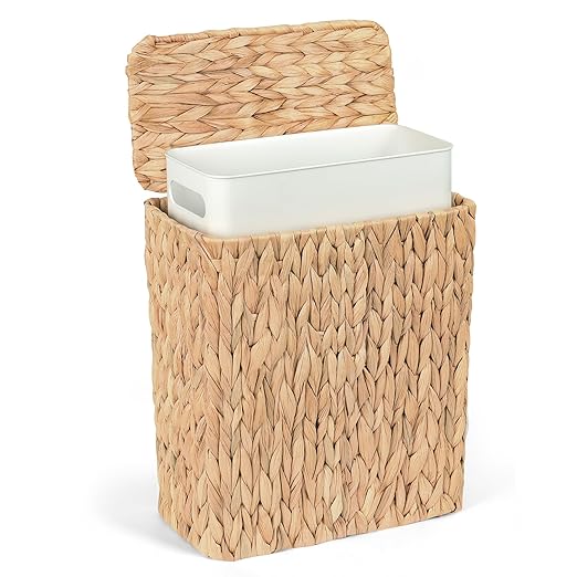 Wicker Trash Can Bathroom Trash Can with Lid 3 Gallon Natural Water Hyacinth Waste Basket with Removable Liner for Bedroom Living Room Toilet Under Sink
