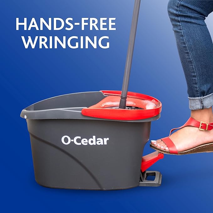 O-Cedar EasyWring Microfiber Spin Mop &amp Bucket Floor Cleaning System + 2 Extra Refills Red/Gray