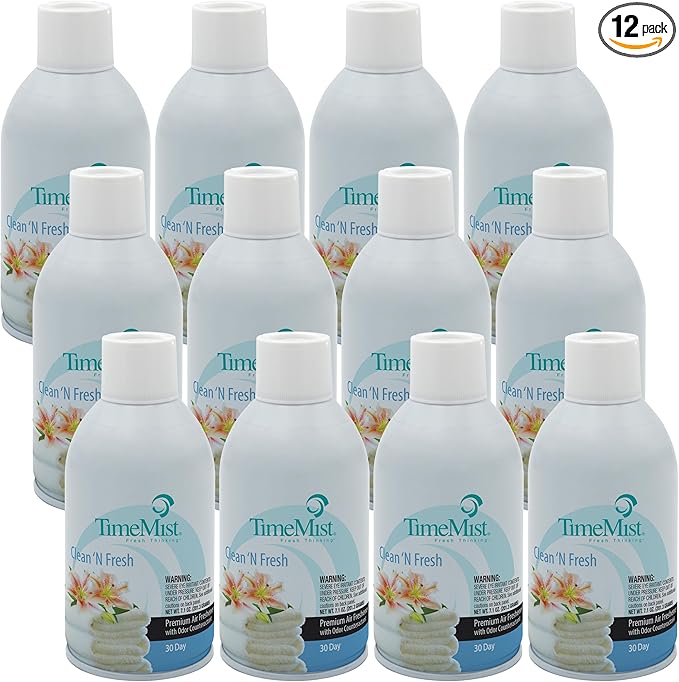 TimeMist Premium Metered Air Freshener Refills - Clean &amp Fresh - 7.1 oz (Case of 12) - 1042771 - Lasts Up To 30 Days and Neutralizes Tough Odors