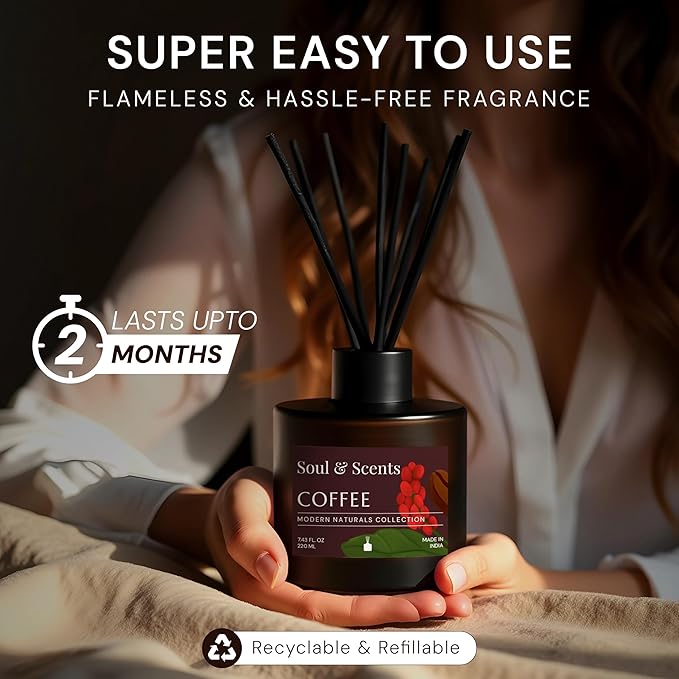 Soul &amp Scents Reed Diffuser Set – Coffee | 7.43 oz Refillable Scented Oil with 6 Fiber Sticks | Long-Lasting Home Fragrance &amp Air Freshener for Bedroom Bathroom Office | Gift &amp Décor Pie