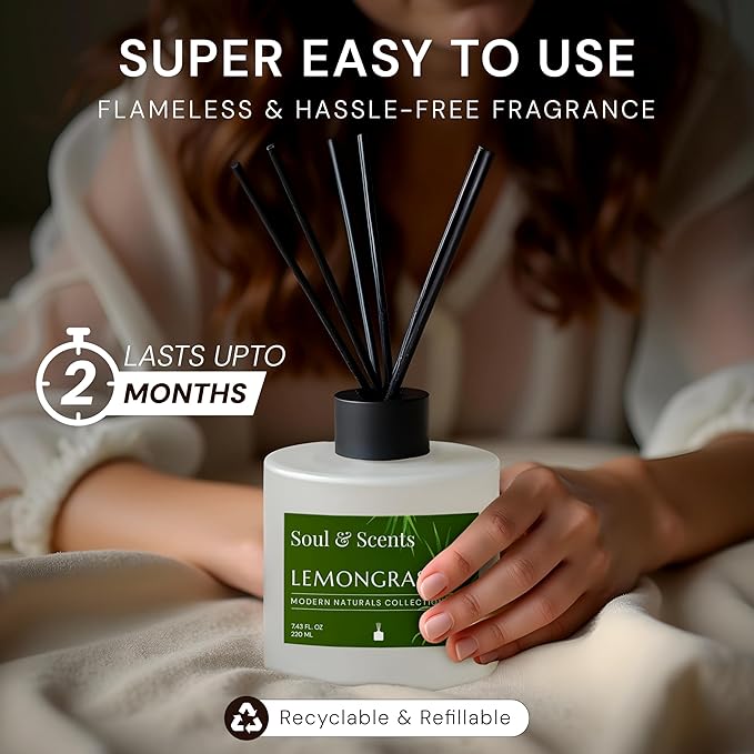Soul &amp Scents Reed Diffuser Set – Lemongrass | 7.43 oz Refillable Scented Oil with 6 Fiber Sticks | Long-Lasting Home Fragrance &amp Air Freshener for Bedroom Bathroom Office | Gift &amp Décor