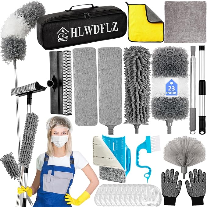 Microfiber Duster Kit 23pcs with 30 to 100 Inches Extension Pole and Extendable Window Squeegee Washable and Bendable Feather Duster for Cleaning Ceiling Fans High Ceilings Cobwebs Blinds