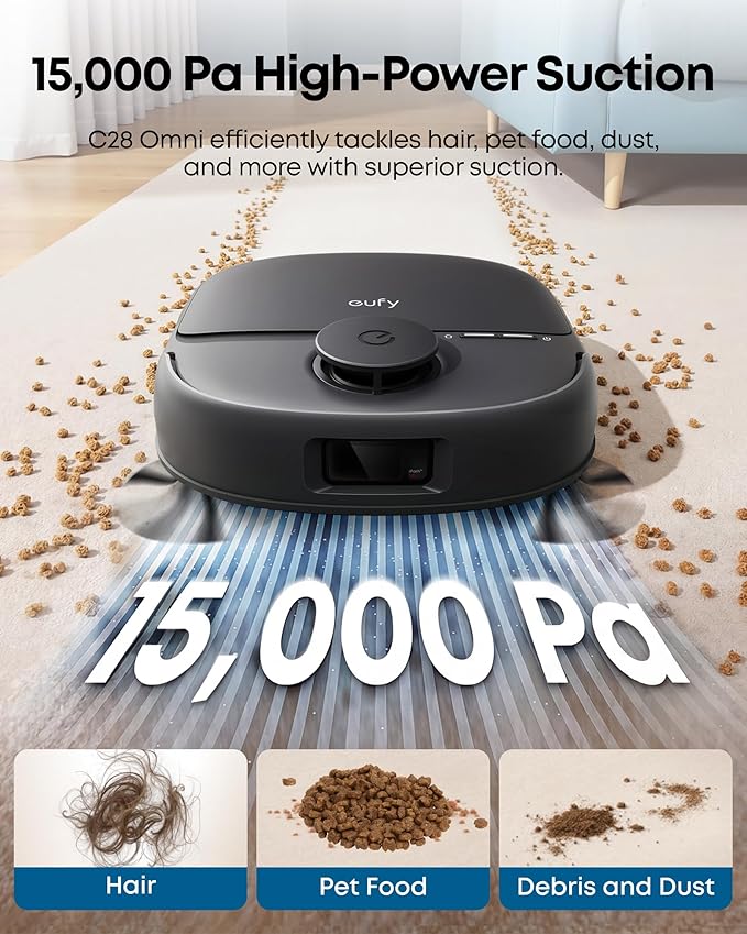 eufy C28 Robot Vacuum and Mop for Pet Hair 15000 Pa Suction HydroJet™ Self-Cleaning Roller Mop DuoSpiral Anti-Tangle Brush All-in-One Auto-Empty Station AI Obstacle Avoidance