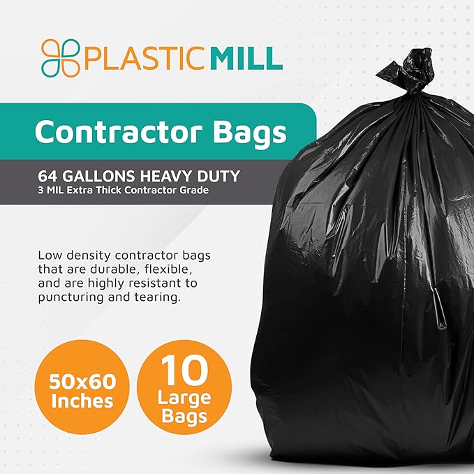 PlasticMill 64 Gallon Contractor Bags: Black 3 Mil 50x60 10 Bags.