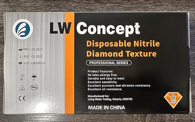 LW Concept Orange Nitrile Disposable Gloves 8 Mil Latex and Powder Free Industrial Food Safe Raised Diamond Texture Large Case of 500