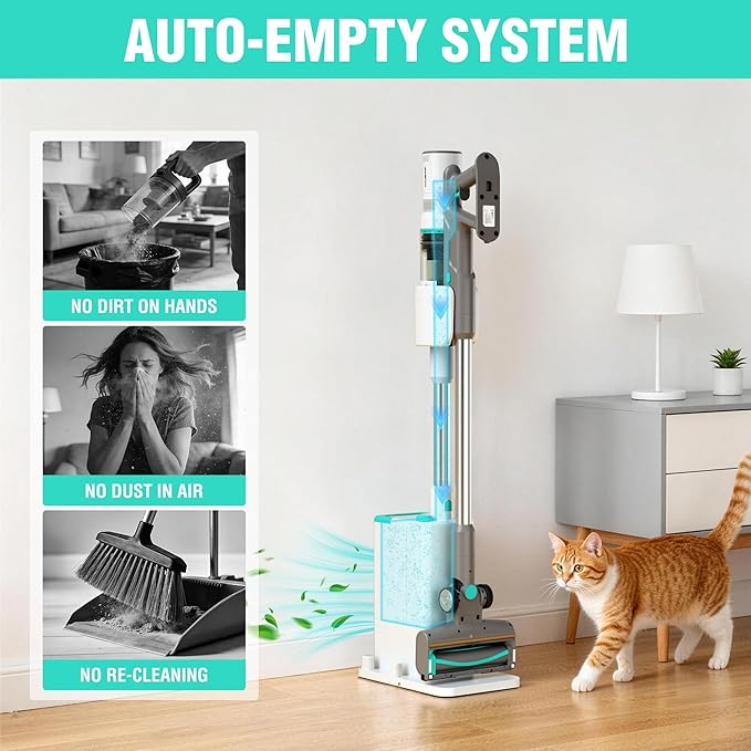 HAUSHOF Cordless Vacuum Cleaner with Auto Empty Station 250W Motor HEPA Filter Anti-Tangle Brushroll Stick Vacuum for Pet Hair Hardwood Floors Carpets