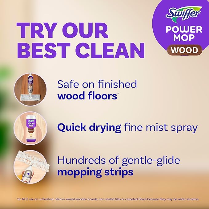 Swiffer Power Mop Wood Hardwood Floor Cleaner for Mopping Home Bathroom Kitchen All Purpose Multi-Surface Cleaning Set includes PowerMop Wood 2 Pads 1 QuickDry Lemon Solution &amp 2 Batteries