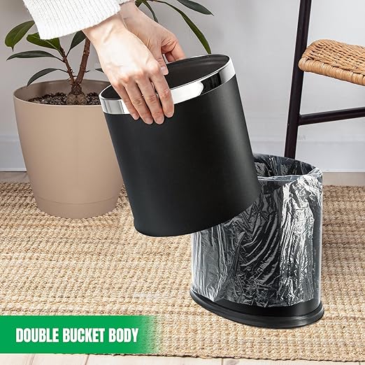 'Invisi-Overlap' Metal Trash Can Open Top Small Office Wastebasket Oval Shape (Black)