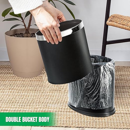 'Invisi-Overlap' Metal Trash Can Open Top Small Office Wastebasket Oval Shape (Black)