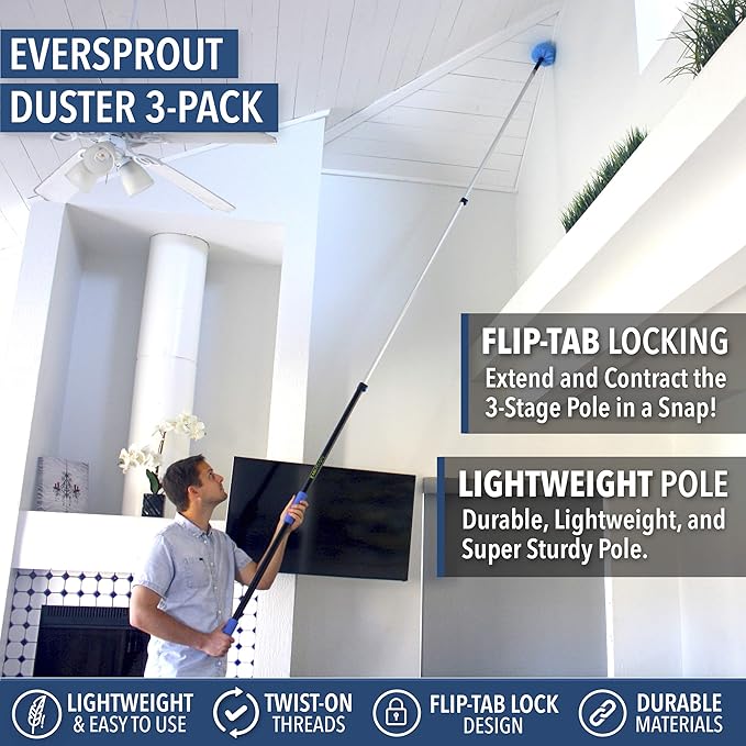 EVERSPROUT 5-to-12 Foot Duster 3-Pack with Extension-Pole (20+ Foot Reach) | Hand-packaged Cobweb Duster Microfiber Feather Duster Flexible Microfiber Ceiling &amp Fan Duster | Aluminum Telescopic