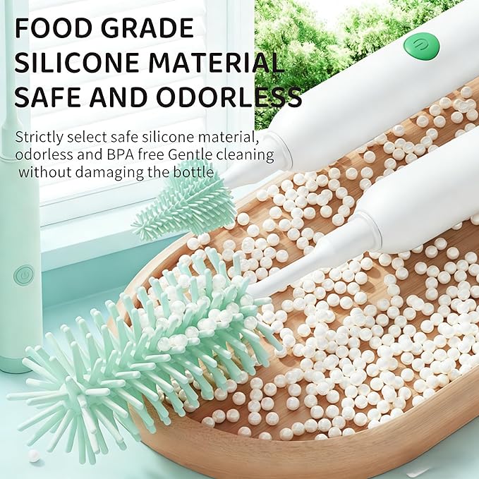 Rechargeable Electric Bottle Brush with Stand - 360° Spin Silicone Cleaner for Baby Bottles Breast Pumps &amp Small Household Containers (Light Green)