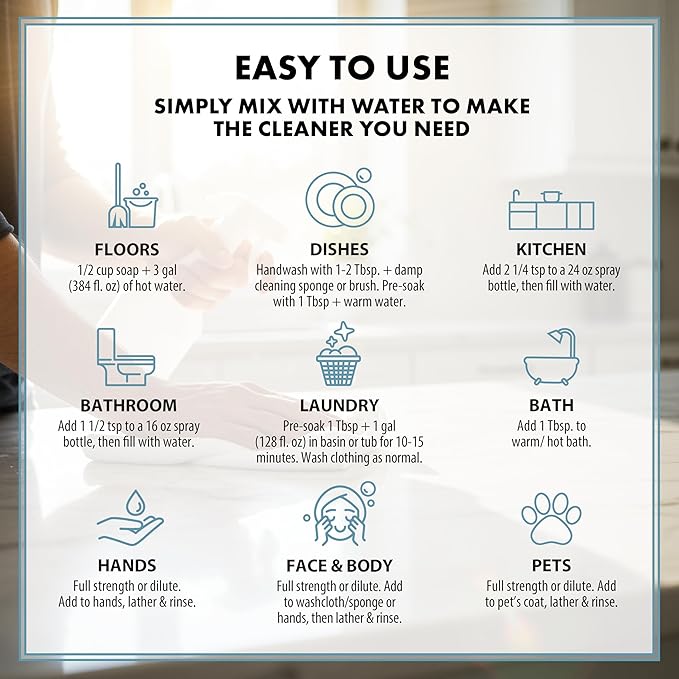 HARRIS Multi-Purpose Liquid Castile Soap for Home Cleaning Use as Dish Soap Laundry Detergent Kitchen &amp Bathroom Surface Cleaner Kids Room 2 Pack of 32 Fl Oz with Microfiber Cloth (Unscented)