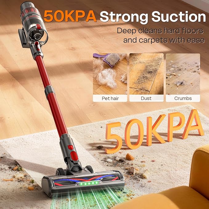 Cordless Vacuum Cleaner 600W/50KPA Up to 60 Minutes Stick Vacuum with Rechargeable Design Powerful Suction Lightweight Vacuum Cleaner for Home/Pet Hair/Carpet/Hard Floor Red