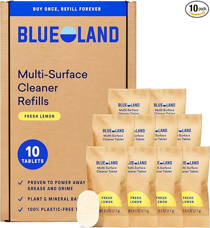 BLUELAND Multi-surface Cleaner 10 Refill Tablets Fresh Lemon Scent All-Purpose Eco-Friendly Cleaning Supplies 10 x 24 Fl oz