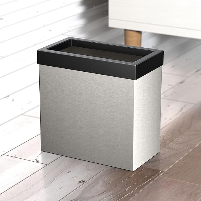 Gatco Modern Rectangle Wastebasket Satin Nickel and Matte Black Combo - Stainless Steel Trash Can with Removable Lid Leakproof 3 Gallon Capacity for Bathroom Bedroom Kitchen or Office