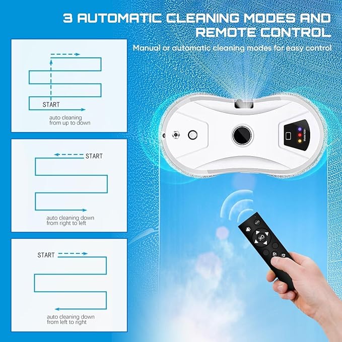 Automatic Window Cleaning Robot with Water Spray - Electric Smart Robot Glass Cleaner 5600Pa Suction - Remote Control Window Washer Robot - Long-Lasting High-Altitude Cleaning Machine