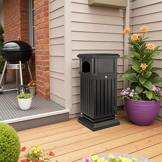 Black Stainless Steel Commercial Trash Can with Locking Lid Heavy Duty Outdoor/Indoor Waste Container Perforated Steel Panels Removable Inner Bucket for Patio Park Garden-35.5x15.8x15.8in