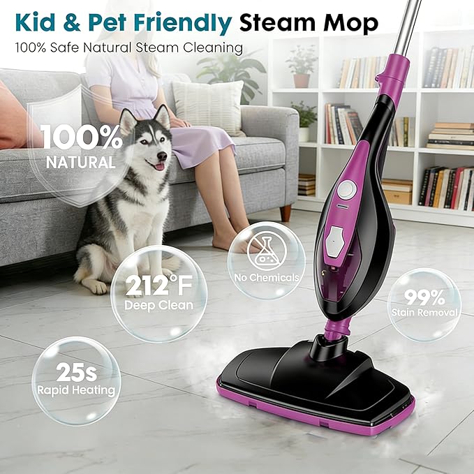 Simple Deluxe 10-in-1 Steam Mop 1550W Detachable Handheld Steam Cleaner with 16FT Cord &amp 2 Pads Multi-Surface Floor Steamer for Hardwood Tile Carpet Windows Pink
