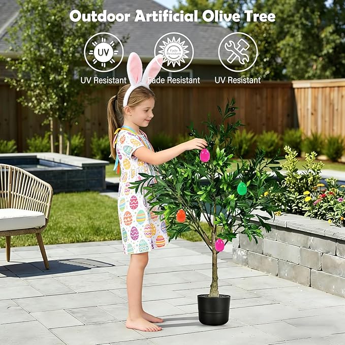 Easter Artificial Olive Trees Indoor Outdoor Decor 3.6 FT Tall Faux Olive Tree with Easter Eggs Planter UV Resistant Fake Plants Bushes Ever-Greenery with Lifelike Fruits for Home Office