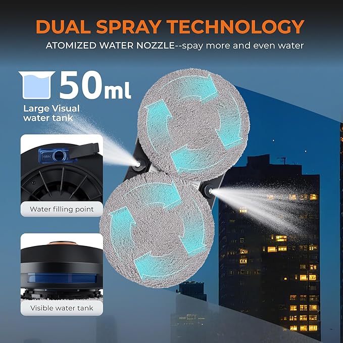 FRUITEAM Window Cleaning Robot with Dual Water Spray APP and Remote Control Automatic Window Cleaner with Leather Belt for Frame Glass Triple Safety System Smart Path Detection