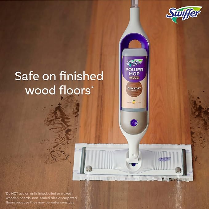 Swiffer Power Mop Wood Hardwood Floor Cleaner for Mopping Home Bathroom Kitchen All Purpose Multi-Surface Cleaning Set includes PowerMop Wood 2 Pads 1 QuickDry Lemon Solution &amp 2 Batteries