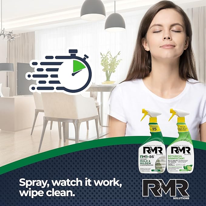 RMR Stain &amp Sanitation System –Instant Mold &amp Mildew Stain Remover + Botanical Disinfectant Cleaner Indoor/Outdoor Cleaning Kit for Kitchens Bathrooms Furniture Siding &amp Deck 2–32 Oz