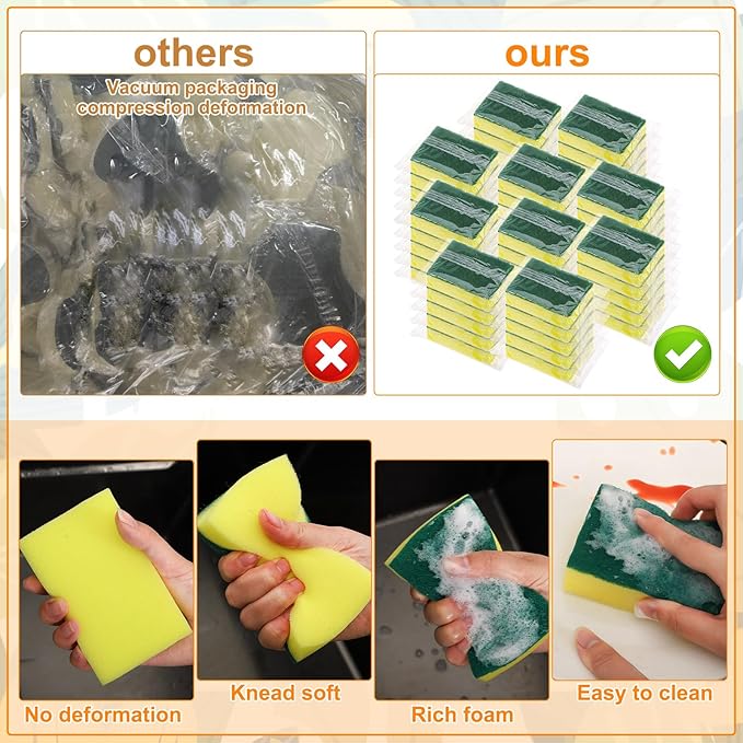 100 Pcs Individually Wrapped Sponges Uncompressed Non Scratch Scrouing Sponges for Household Cleaning Dishes Kitchen Airbnb Apartment Car Bike Green