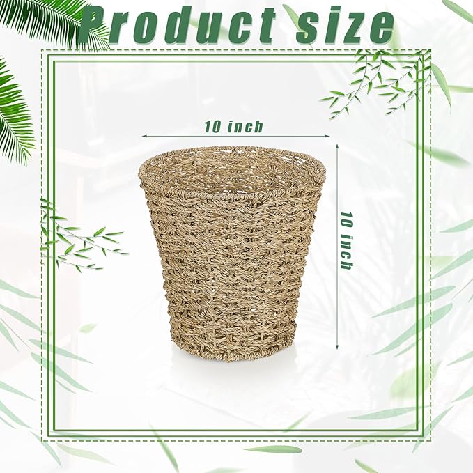 Hushee 4 Pcs Seagrass Waste Basket 3 Gallons Wicker Waste Basket Woven Rattan Trash Can Boho Wicker Garbage Can for Bathroom Bedroom Kitchen Offices Home Brown