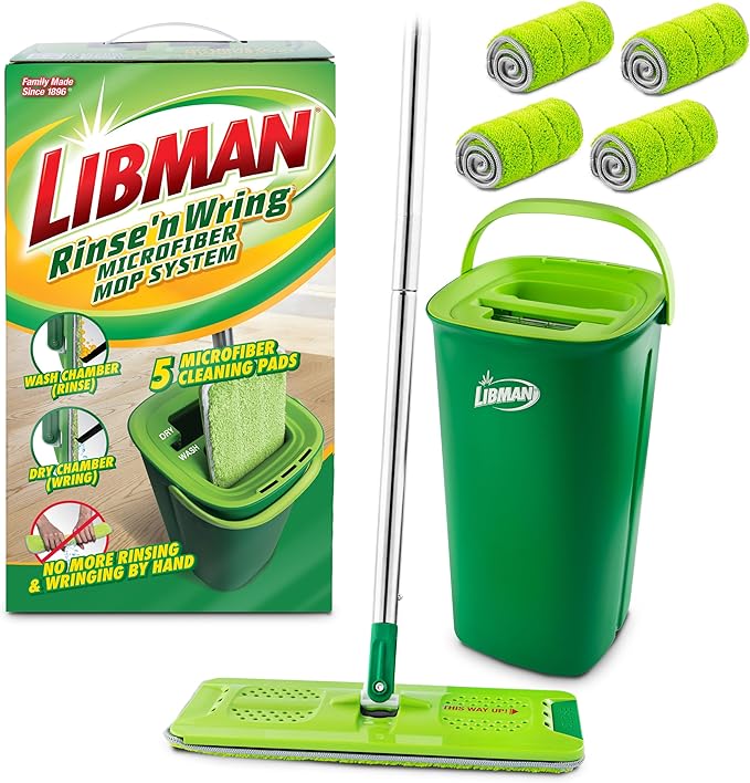 Libman Rinse 'n Wring Mop and Bucket System | Microfiber Floor Mop | Hardwood Floor Cleaner | Wet &amp Dry Mop | Clean &amp Dirty Water Chambers | Power Blades | 5 Total Microfiber Pads