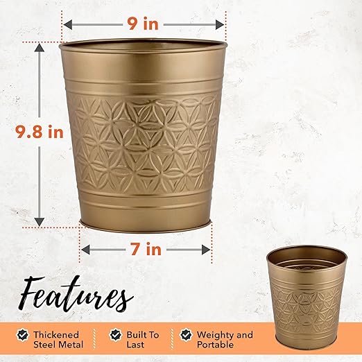 Autumn Alley Antique Gold Trash Can Hand Crafted Bin Round Bathroom Trash Can Open-Top Gold Garbage Can for Bedroom Home Office - Modern Waste Basket Stylish Metal Modern Bathroom Décor