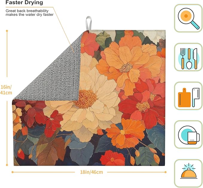 Colorful Floral Dish Drying Mat for Kitchen Counter 16x18 Microfiber Absorbent Fast Dry Mat 2Pcs Dish Mat Faucet Mats Sets Large Drying Kitchen Mat Kitchen Drying Pad Coffee Bar Decor Gifts