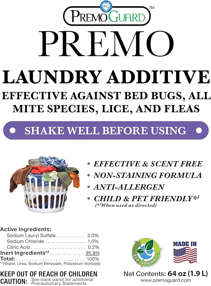 Premo Guard Bed Bug Mite &amp Lice Laundry Detergent Additive 64 oz – Child &amp Pet Friendly – Stain &amp Odor Free – Best Natural Non-Toxin Treatment