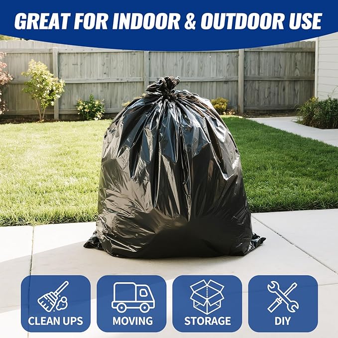 120 Count 55-60 Gallon Trash Bags Tear-Free Large Black Garbage Bags for Kitchen Office Outdoor Commercial Use Lawn and Leaf Bags Lightweight 17 Micron Design for Daily Dry Waste