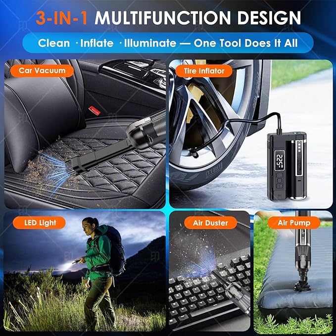 Real 3-in-1 Car Vacuum Cleaner &amp Heavy Duty Tire Inflator 150PSI Portable Air Pump with 18000Pa Brushless Suction LED Camping Light Cordless Handheld Vacuum for Car Tire Bed Gift