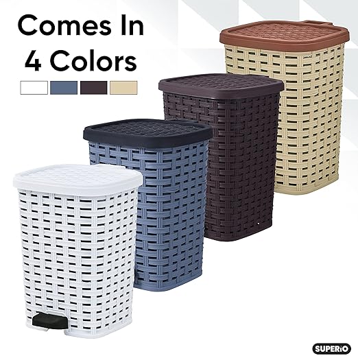 Superio Small Outdoor Trash Can with Lid for Dog Poop 3 Gallon/12 L Mini Plastic Garbage Can with Foot Pedal for Bathroom Bedroom Office Patio Wicker White