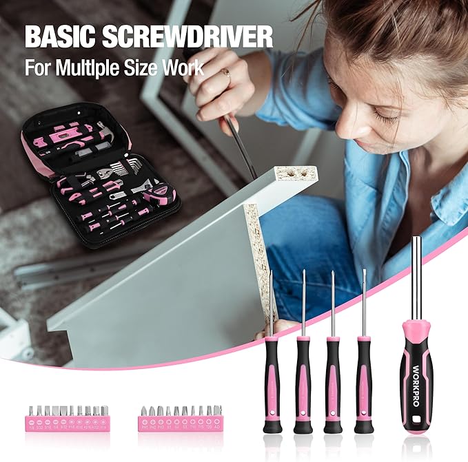 WORKPRO Pink Tool Set - 100 Pieces Pink Tool Kit with Easy Carrying Pouch Household Tool Kit for Home Apartment Office College Perfect for DIY Projects Home Maintenance - Pink Ribbon