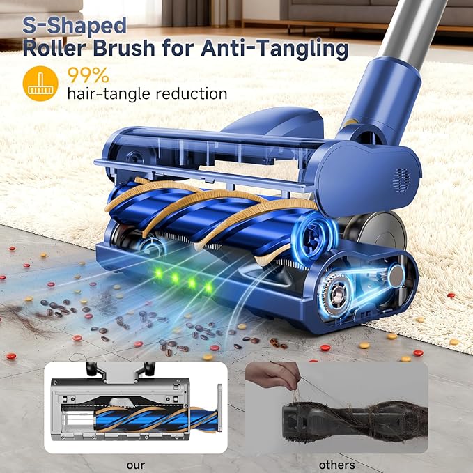 Cordless Stick Vacuum Cleaner - 45KPA Powerful Suction Vacuum with 45 Min Runtime Detachable Battery Anti-Tangle &amp 1.5L Dust Cup 8 in 1 Vacuum Cleaner for Pet Hair Carpet HardFloor Blue
