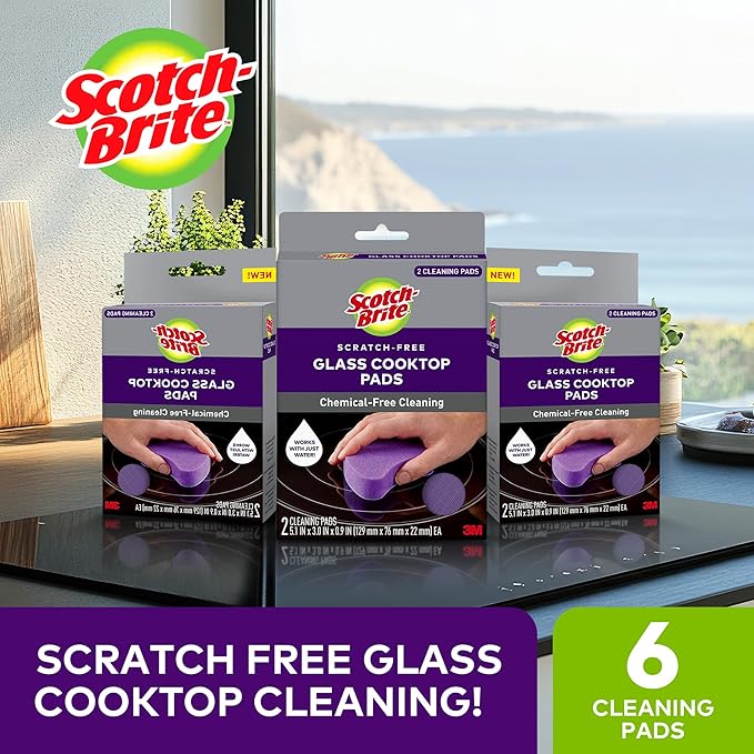 Scotch-Brite Glass Cooktop Pads Scratch-Free &amp Non-Abrasive Scrubbers for Glass or Ceramic Stovetops Cleans Burnt-On Messes with Just Water Reusable Dishwasher-Safe Design (6 Pads)