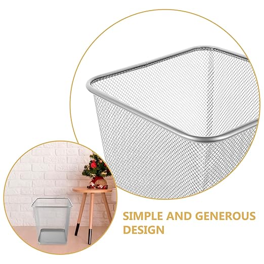 PRETYZOOM Household Metal Mesh Design Trash Can Breathable Large Waste Bin for Bedroom Living Room Kitchen and Office Sleek Silver Square Garbage Container