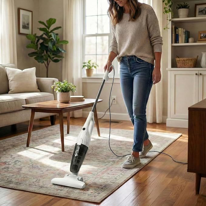 Stick Vacuum Cleaner 600W Corded Bagless Upright Vacuum for Carpet Hardwood Tile Floors Lightweight with Crevice Tool Picks Up Pet Hair Human Hair Great for Home Dorm Small Spaces