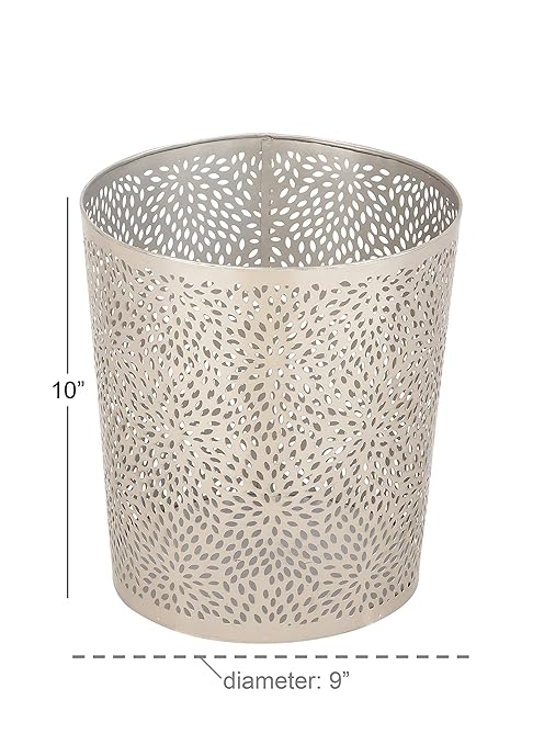 CosmoLiving by Cosmopolitan Metal Small Waste Bin with Laser Carved Floral Design 9 x 9 x 10 Silver