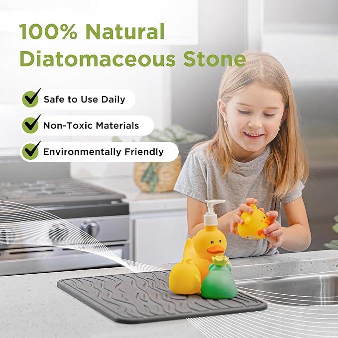 Stone Dish Drying Mat for Kitchen Counter - Super Absorbent Fast Drying Diatomaceous Earth Prevents Water Build-Up Non-Slip &amp Heat Resistant 15.75 X 11.75 Dark Gray