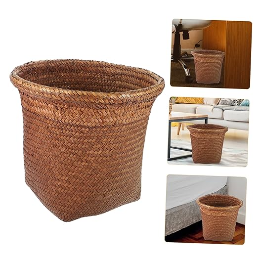PRETYZOOM Straw Woven Garbage Can Large Wastebasket Rattan Rubbish Container for Kitchen Bedroom Office Bathroom Dormitory Storage Bin