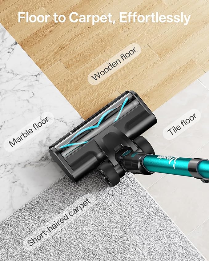 Cordless Vacuum Cleaner 8-in-1 Cordless Stick Vacuum Cleaner with 3 Suction Modes Up to 45mins Runtime Rechargeable Self-Standing Vacuum Cleaners for Home Pet Hair Carpet Car Hard Floor Green