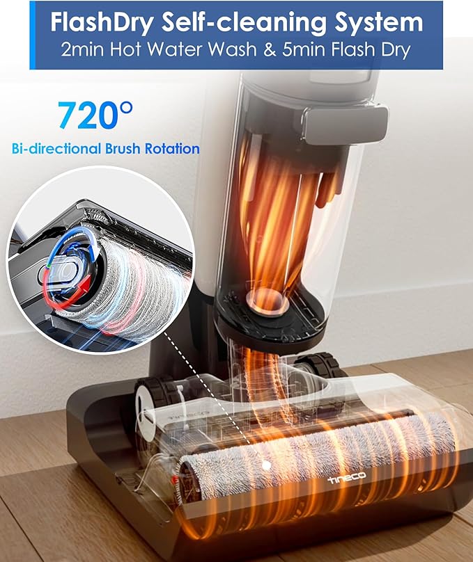 Tineco Floor ONE S7 FlashDry Smart Cordless Wet Dry Vacuum Cleaner Long Runtime Great for Sticky Messes Self-Cleaning 158℉Hot Air FlashDrying Dual-Sided Edge Cleaning Extended Battery Lifespan