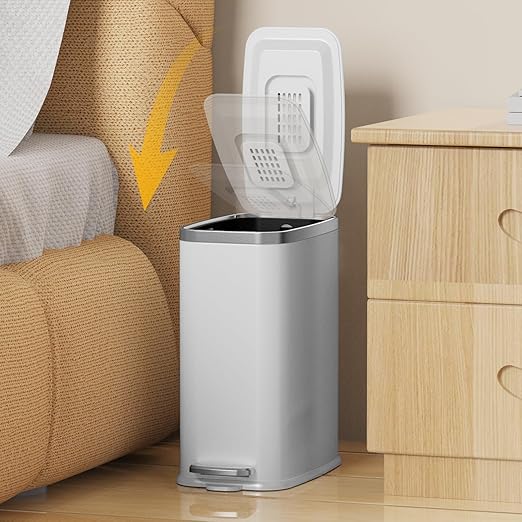 Stainless Steel Bathroom Trash Can with Lid Soft Close1.6 Gallon Slim Garbage canSmall Metal Step Wastebasket for Office Bedroom Toilet White