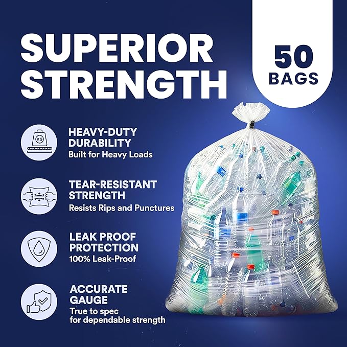 Plasticplace Contractor Trash Bags 55-60 Gallon Heavy Duty Garbage Bags 3.0 Mil Clear Trash Bags Tear-Resistant Large Trash Can Liners for Construction Recycling &amp Home Improvement (50 Count)